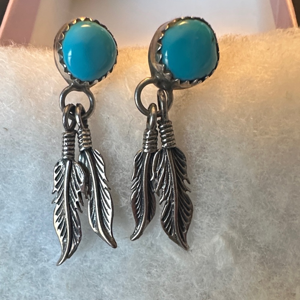 Native American Turquoise and Silver Feather Earrings